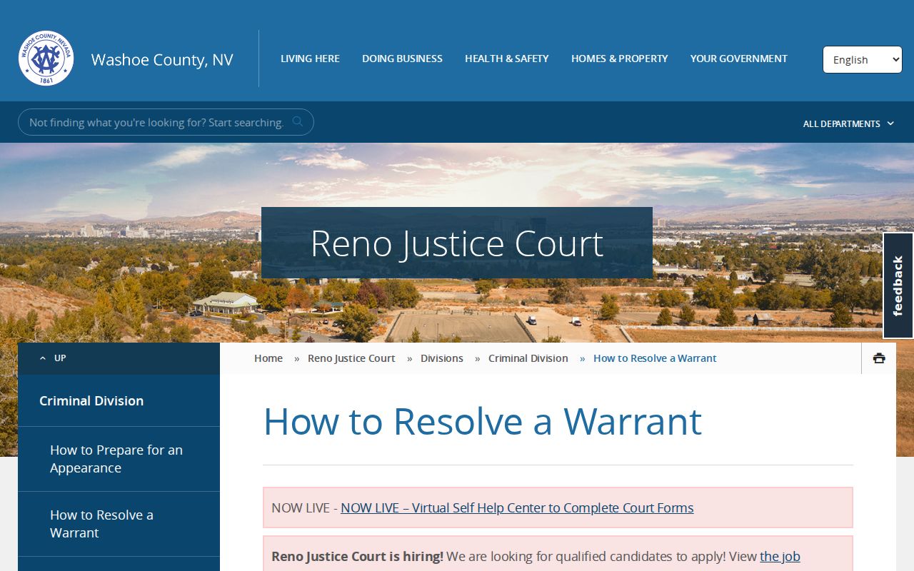 Washoe County court appearance and detention surrender instructions for warrants