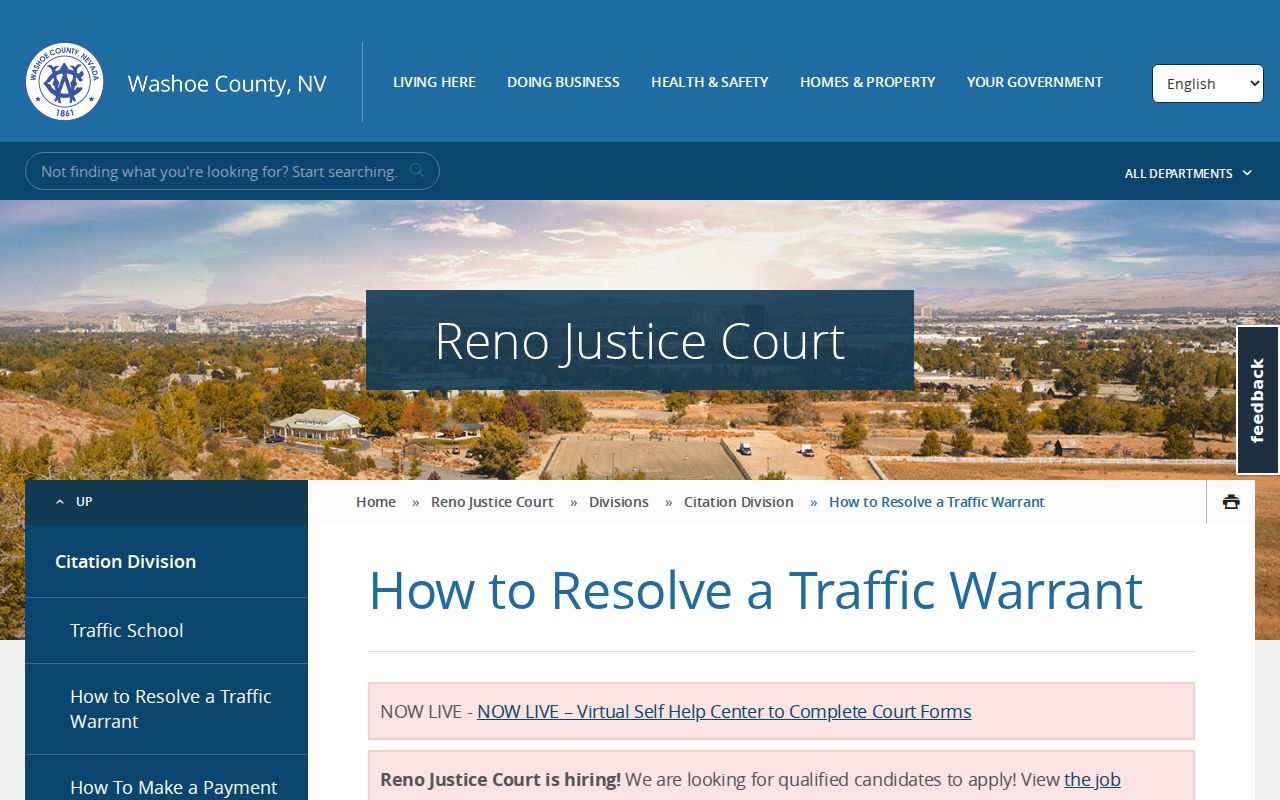 Reno Justice traffic warrant resolution page for Washoe County
