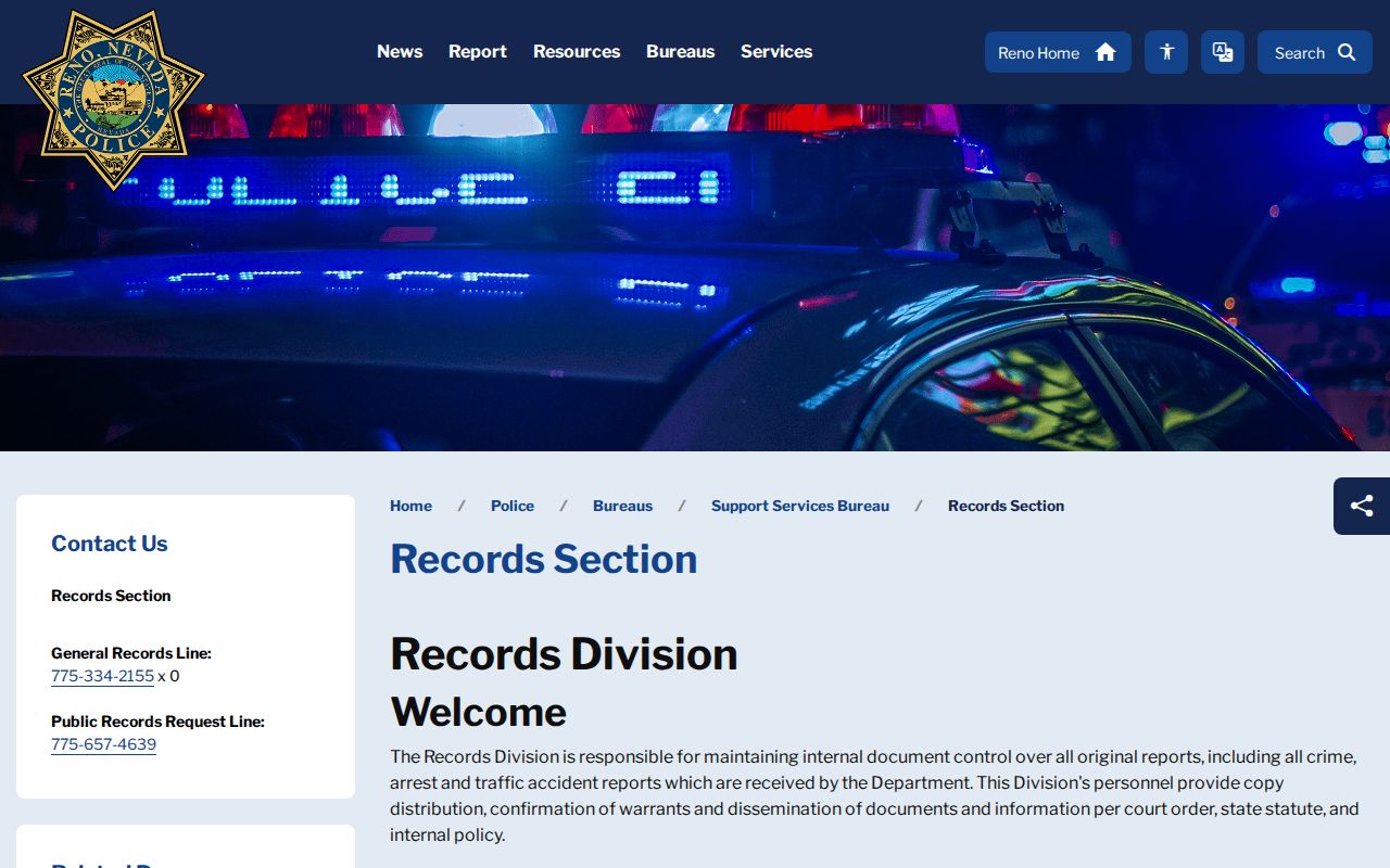 Reno Police records routing page for Reno warrant checks