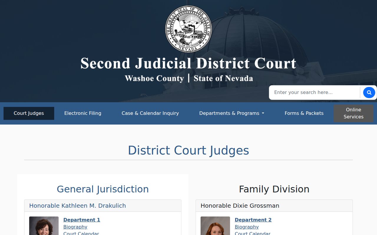 Second Judicial District Court structure reference for Washoe County active warrants