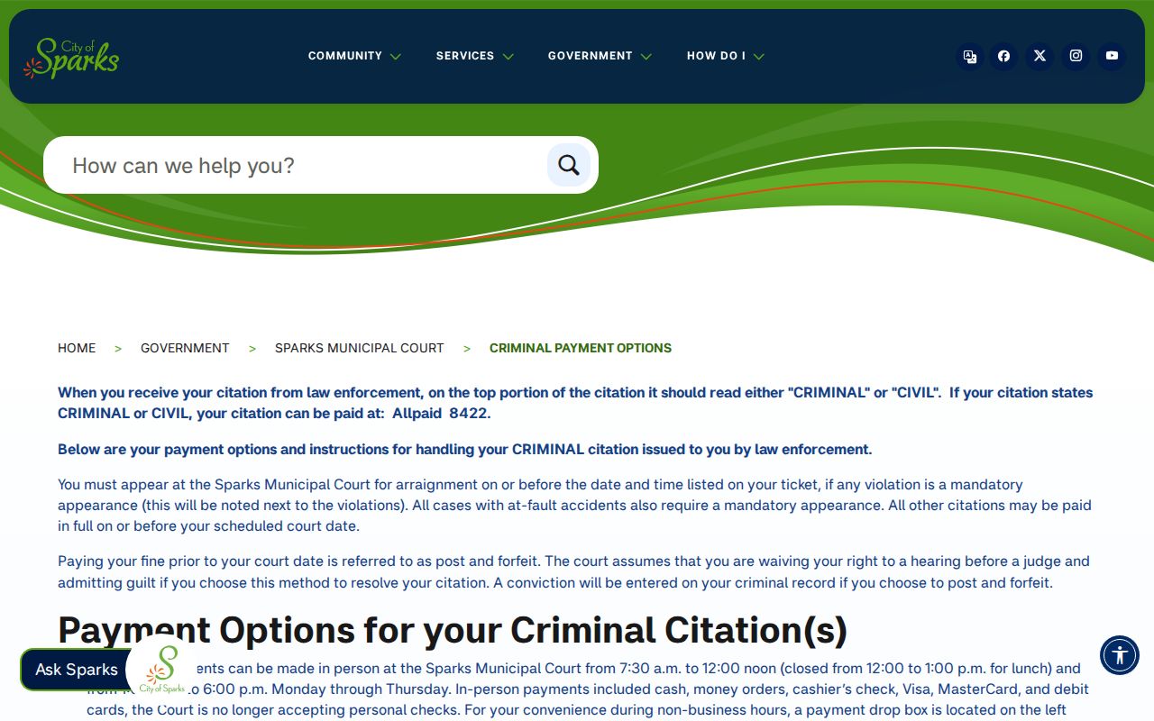 Sparks active-warrant payment and status interface in Washoe County