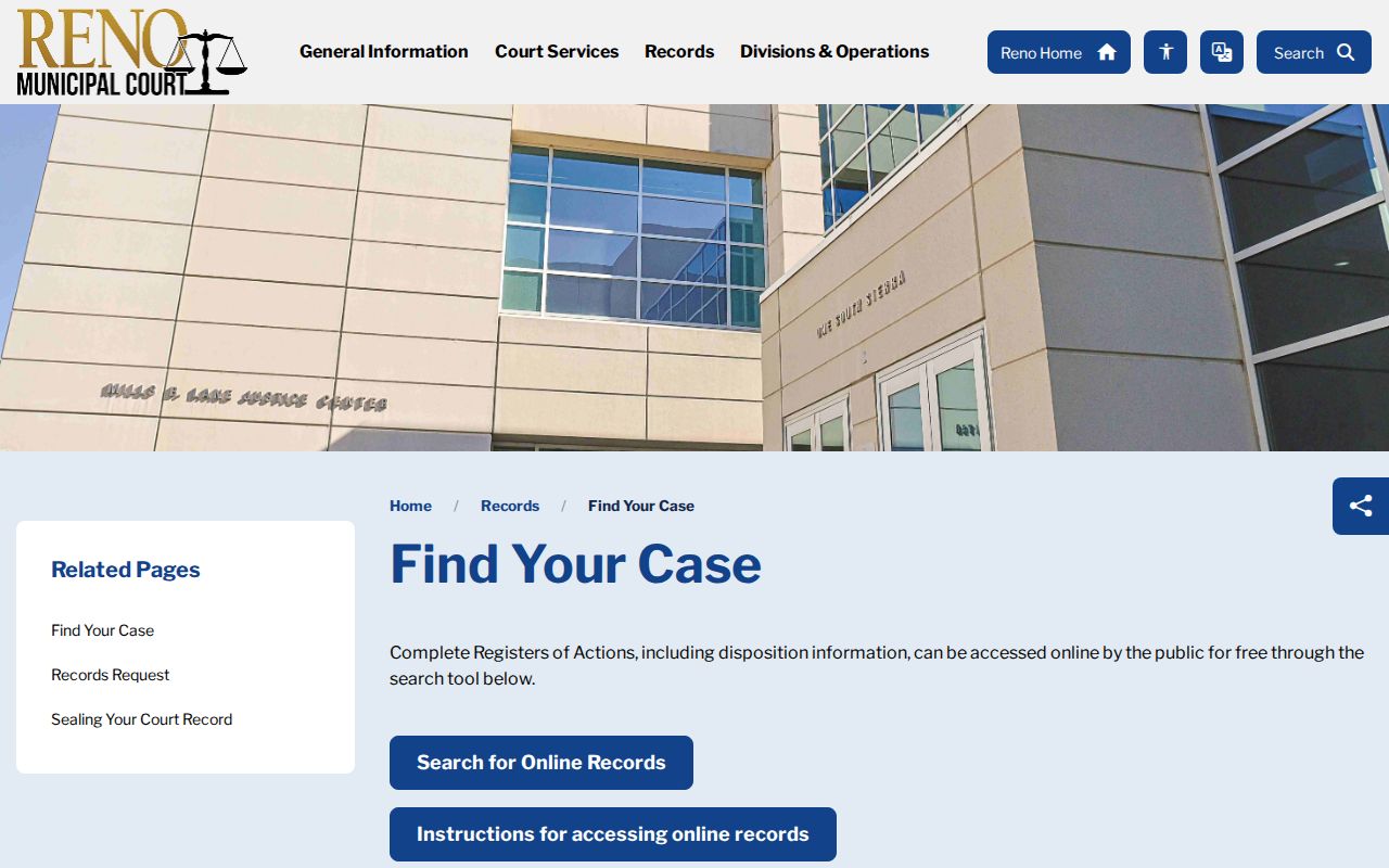 Reno Municipal Court case search gateway for Washoe County warrant records
