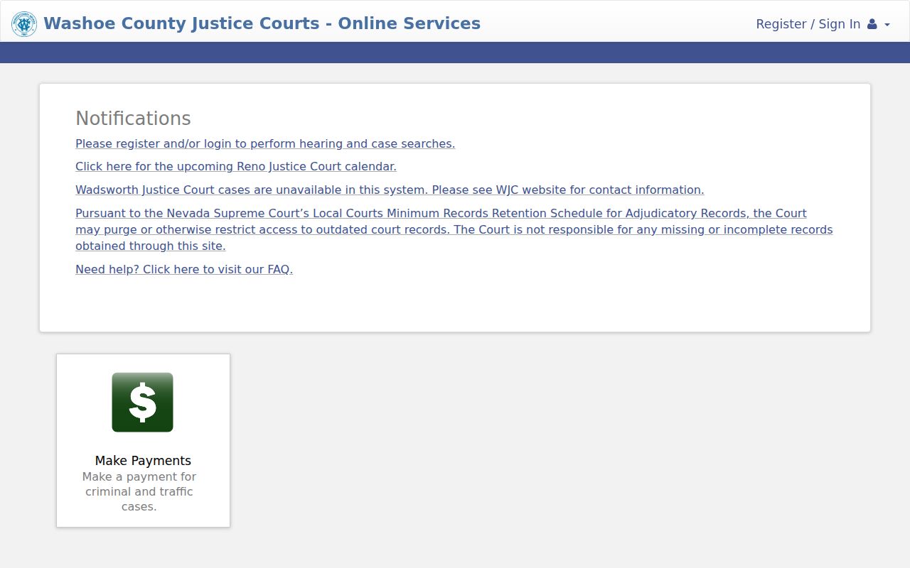 Washoe County shared justice-court warrant search interface